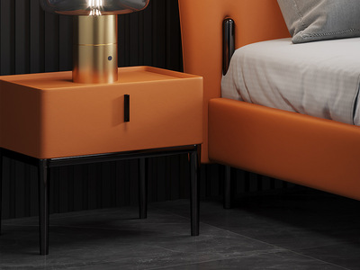  极简风格 全实木抽屉 扪皮 暮光橙 床头柜