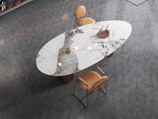  轻奢风格 防刮耐磨 潘多拉亮光岩板+不锈钢钛金底架 金色钛金异形餐桌 1.8米餐桌