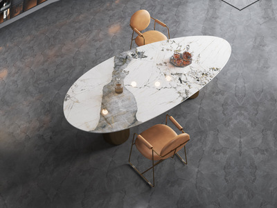  轻奢风格 防刮耐磨 潘多拉岩板+不锈钢钛金底架 黑钛异形餐桌 2.0米餐桌