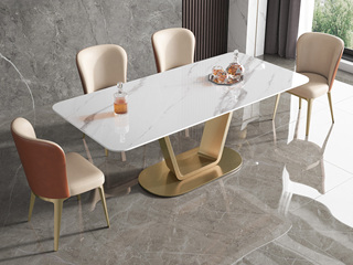  轻奢风格 防刮耐磨 亮光岩板+不锈钢底架 1.6米餐桌