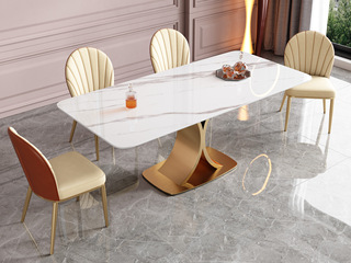  轻奢风格 防刮耐磨 12mm亮光羊脂白玉岩板+不锈钢钛金底架 1.6米餐桌