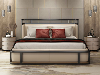  新中式 高端黑檀木 优质皮艺 舒适大软靠 1.8*2.0米卧室双人床（搭配12公分实木排骨架）(下单请参考实拍)
