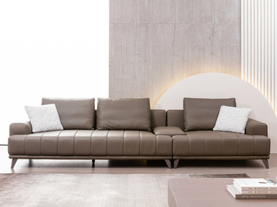  极简风格 头层进口小黄牛皮+实木框架+高密度回弹海绵 带茶盘储物功能 四人位沙发