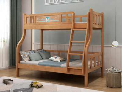  简美风格 橡胶木+松木床板 环保健康 儿童床 浅胡桃色 1.5*1.9米子母床