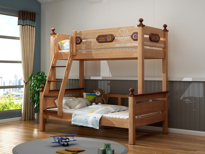  简美风格 橡胶木+松木床板条 环保健康 儿童床 浅胡桃色 1.5*1.9米子母床