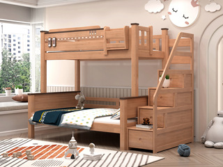  简美风格 橡胶木+松木床板条 环保健康 儿童床 1.35*1.9米子母床（含梯柜）
