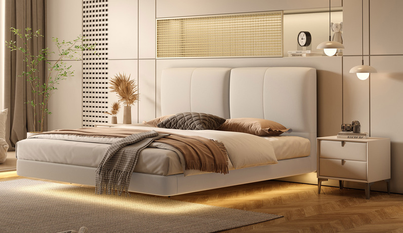 歌迪 现代简约 优质皮艺+实木框架+人体感应灯（建议床下预留电源插座） 米白色 1.8*2.0米 悬浮床（搭配10公分松木排骨架）