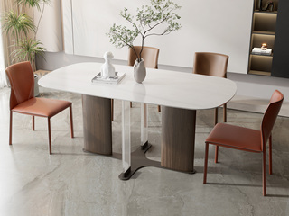  极简风格 防刮耐磨 冰晶白玉亮光岩板+胡桃木皮+水晶板 1.8米 餐桌