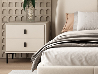  极简风格 扪皮+实木抽屉 白色 床头柜