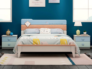  简美风格 橡胶木+榉木+松木床板条 环保健康 儿童床 水洗白+蓝色 1.5*1.9米