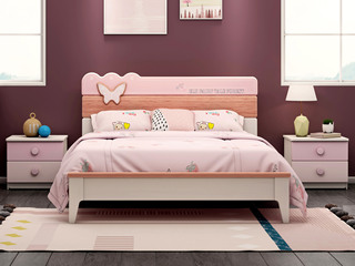  简美风格 橡胶木+榉木+松木床板条 环保健康 儿童床 水洗白+粉色 1.5*1.9米