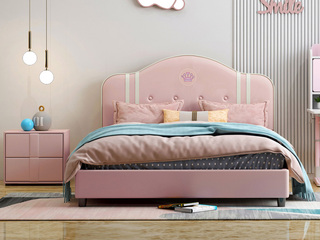  简美风格 科技皮+硅胶皮+松木框架 环保健康 儿童床 粉色 1.2*2.0米（搭配松木静音床板）