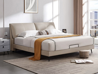 【现货】 极简风格 头层牛皮软包床 松木框架 耐磨透气 安曼1.5*2.0米真皮床（此产品有短途物流费）