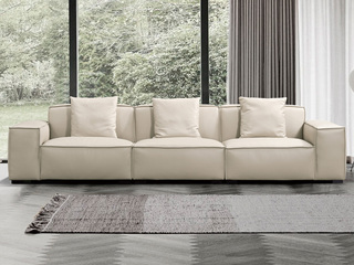  现代简约 优质皮艺+羽绒靠包+高密度回弹海棉+实木框架 米色 四人位直排沙发