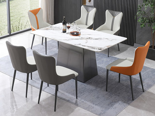  轻奢风格 不锈钢拉丝灰钢色+亮光百达翡丽岩板面 1.6米餐桌