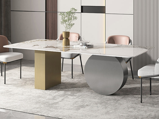  轻奢风格 不锈钢拉丝+碳素钢古铜色+亮光潘多拉岩板 1.6米 餐桌