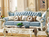 温莎公爵 法式宫廷系列 真皮+高回弹海绵+进口榉木 浅蓝色 四人位沙发（抱枕花色随机发货）