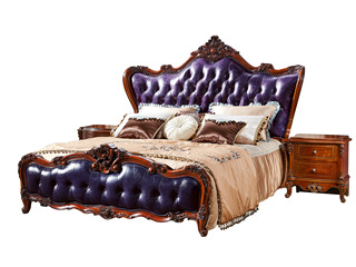  欧式新古典黑檀系列 真皮+高回弹海绵+进口榉木 紫色 卧室床 1.8*2.0米