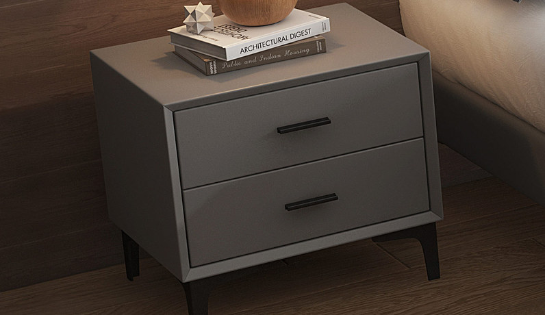 歌迪 极简风格 全实木柜体+松木抽屉 扪皮 深灰色 床头柜
