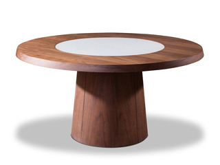  极简风格 泰国进口橡胶木 钢化玻璃 胡桃木皮 1.5米 餐桌（玻璃转盘 可旋转）