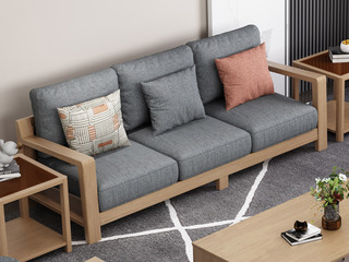  北欧风格 泰国进口橡胶木坚固框架 优质棉麻布艺 三人位沙发