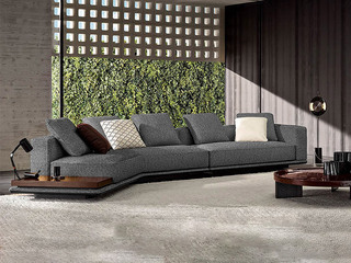  极简风格 地平线沙发 棉麻布+优质鹅绒+45D高密度回弹海绵+松木框架 转角沙发 单扶手二位+无扶手右转角带边几