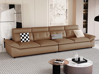  现代简约 超宽扶手帆船沙发 柔软舒适 优质科技布 实木框架 高回弹海绵 羽绒填充柔软靠包 卡其色 四人位直排沙发