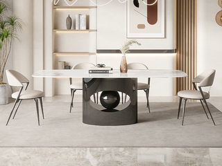  极简风格 创意设计 亮光岩板台面+不锈钢黑钛底架  1.6米 餐桌