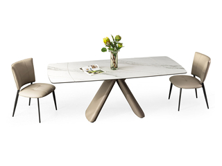  极简风格 6MM哑光岩板复合8MM玻璃面（水云纱）+碳素钢脚架贴马鞍皮 拉伸餐桌