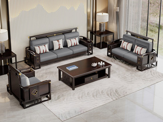  新中式 猫抓布+橡胶木+高回弹海绵 蓝灰色 1+2+3组合沙发