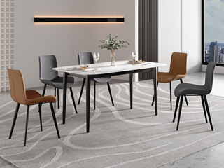  极简风格 光滑细腻 耐磨防污 雪山白哑光岩板桌面+碳钢 1.8米 马肚形岩板 餐桌