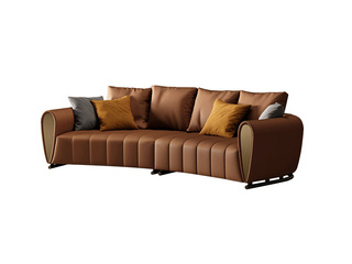  轻奢风格 真皮+实木+高密度海绵+不锈钢镀金 弧形 四人位沙发
