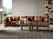 巴克洛 轻奢风格 真皮+实木+高密度海绵+不锈钢镀金 弧形 六人位沙发