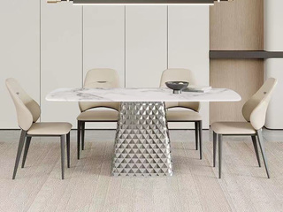  极简风格  微晶石台面+菱形钻石纹不锈钢支撑底座 1.6米餐桌