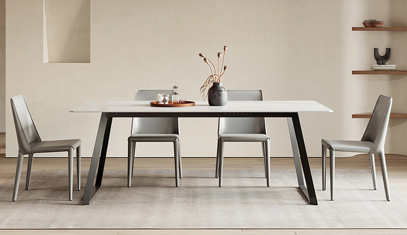 歌迪 极简风格 哑光雪山白岩板+曜夜黑厚实碳素钢底架 1.4米餐桌