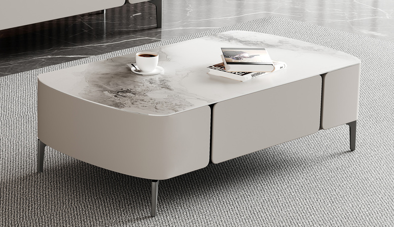 歌迪 极简风格 防刮耐磨亮光香奈儿岩板+碳素钢脚  1.3米茶几