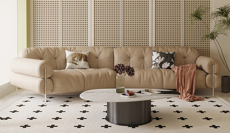 Milantti 米兰蒂 现代简约 柔韧细腻仿真皮 艺术双圆柱五金高脚扶手造型 宽大坐深 柔软透气高回弹海绵 奶茶色 3+右贵妃 转角沙发（两个抱枕 样式随机）