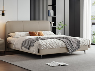  极简风格 高定头层黄牛皮 内柔外刚高回弹海绵 俄罗斯进口落叶松实木框架 1.8*2.0米 浅卡其 真皮床（搭配10公分松木排骨架）