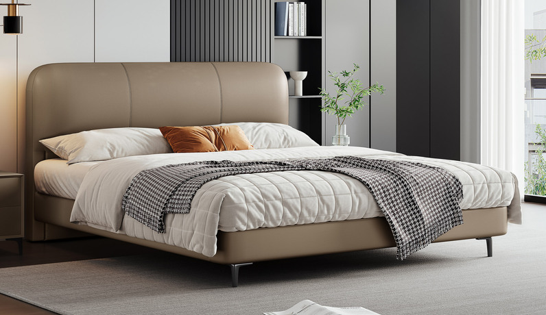 歌迪 极简风格 柔韧细腻仿真皮 内柔外刚高回弹海绵 俄罗斯进口落叶松实木框架 棕咖色 1.5*2.0米床（搭配10公分松木排骨架）