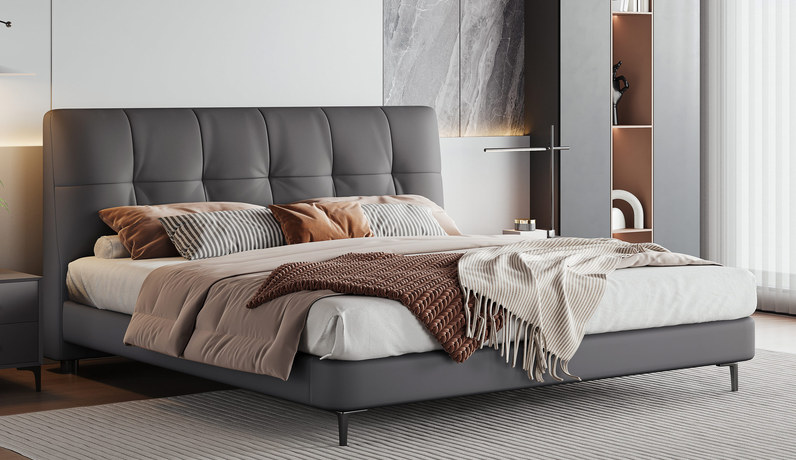 歌迪 极简风格 抗皱耐撕拉仿真皮 高密度高回弹海绵 俄罗斯进口落叶松实木框架 1.5*2.0米 深灰色 床（搭配10公分松木排骨架）