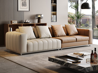  意式极简 钢琴键真皮沙发 高定头层黄牛皮 高性能不锈钢底架 杜克普双针缝纫 高品质天然羽绒+45D高密度海绵 强力释压 俄罗斯落叶松实木框架 米灰色+橙棕色 右钢琴键直排四人位沙发