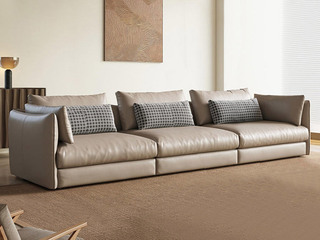  意式极简 Chanel香奈儿真皮沙发 高定头层黄牛皮 车线针脚 精准定型线条弧度 护腰软包 优质蓬松羽绒座靠包 45D高密度海绵 顶奢级坐感 俄罗斯落叶松实木框架 奶茶色 直排大四人位沙发