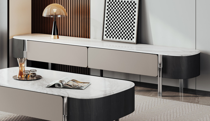 歌迪 极简风格 质地细腻防水防污微晶石 圆润弧形边角安全防护 电镀五金高脚易清洁 2.0米电视柜