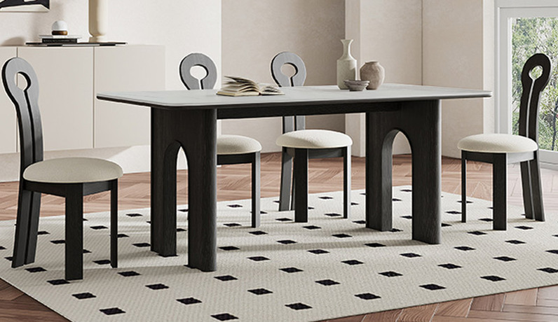 布木恋语 中古风 凯旋门岩板餐桌 晶莹柔润亮光羊脂白玉岩板 稳固力学原理承重结构 宽大方形桌面 1.6米 极简黑 长方形 餐桌