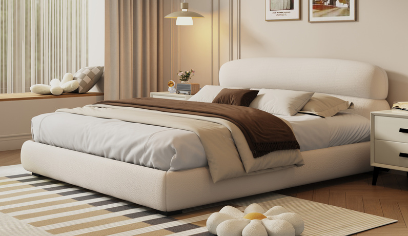 卡琪朵 奶油风 高品级婴儿肤感戈壁绒 双层圆柱型床头分段贴合支撑腰背 饱满云感海绵瞬息回弹 俄罗斯落叶松实木框架 内嵌式不易跑位 1.8*2.0米床（搭配10公分松木排骨架）