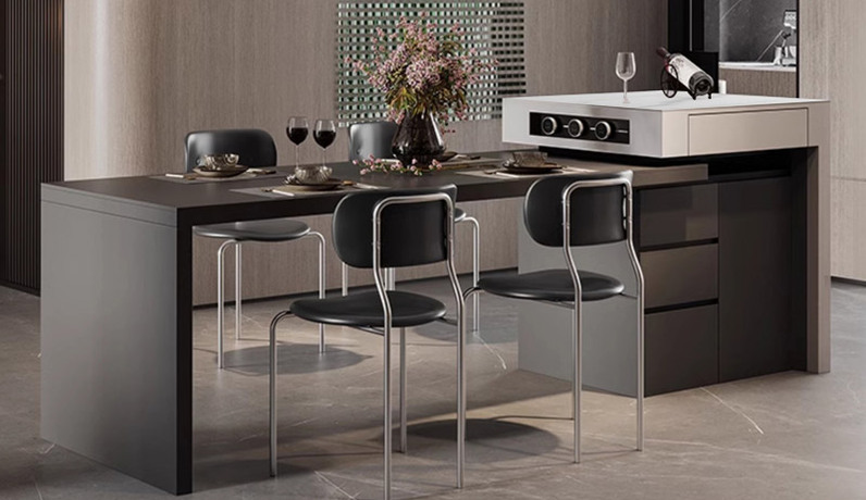 欧瑞仕 意式极简 多功能一体岛台餐桌 阔气大尺寸防烫岩板操作台+岩板台面高岛台 创意高质感双岩板台面 时尚双拼色 大容量分区储物多样化收纳 电力导轨插座 岛台