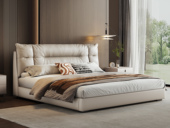 【现货】欧瑞仕 意式极简 斯莱特真皮床 高定头层黄牛皮 蓬松嘭弹羽绒双倍填充 加高立体靠包松软释压 自然褶皱拉线工艺 杏仁白 1.5*2.0米齐边双人床（搭配10公分松木排骨架）