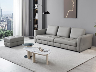  极简风格 天然纹理进口头层牛皮 蓬松柔软羽绒活动靠枕 高密度回弹海绵 俄罗斯落叶松木框架 组合沙发 浅灰色 四人位+脚踏（此产品有短途物流费）