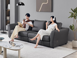  极简风格 天然纹理进口头层牛皮 蓬松柔软羽绒活动靠枕 高密度回弹海绵 俄罗斯落叶松木框架 直排沙发 深灰色 三人沙发（此产品有短途物流费）