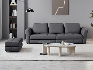  极简风格 天然纹理进口头层牛皮 蓬松柔软羽绒活动靠枕 高密度回弹海绵 俄罗斯落叶松木框架 组合沙发 深灰色 三人位+脚踏（此产品有短途物流费）